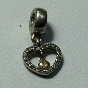 Pandora Silver Heart Charm with Gold Accent heart and “prevé” diamond around.